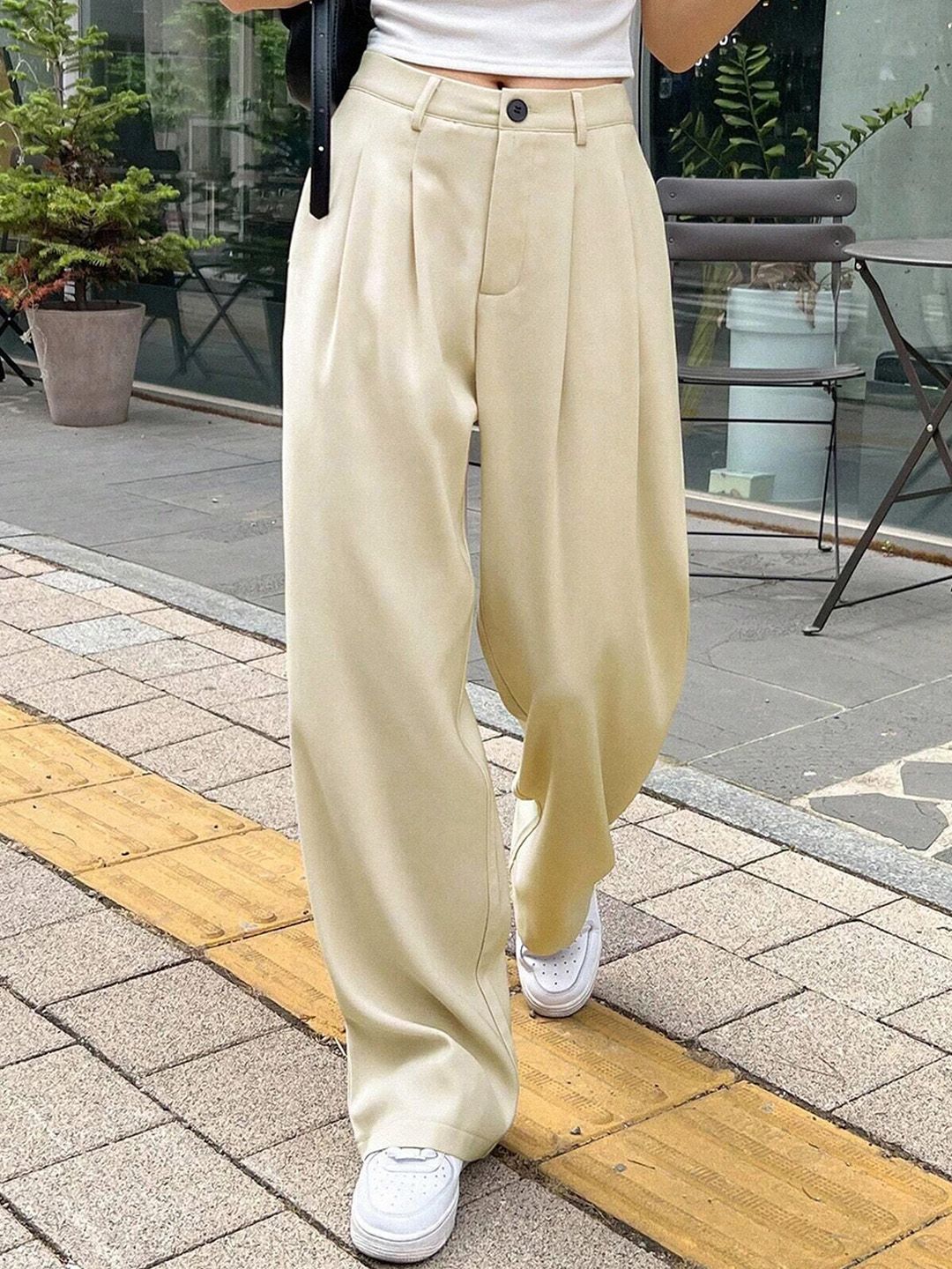 KOTTY BIZwear Women Beige Relaxed Straight Leg Straight Fit High-Rise Easy Wash Pleated Trousers