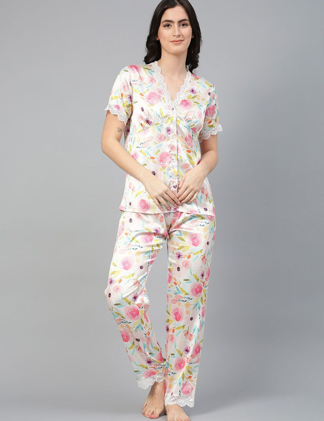 Kotty Floral Printed Satin Night Suit