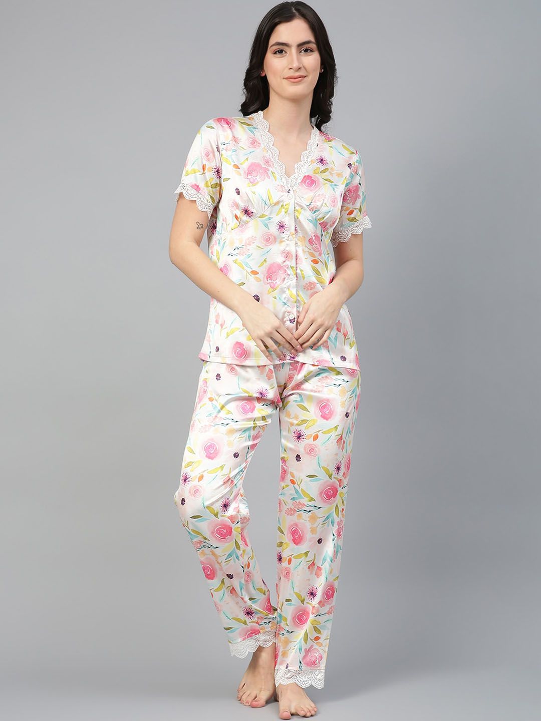 Kotty Floral Printed Satin Night Suit