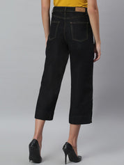 Kotty Women Black Solid Cotton High-Rise Crop Flared Jeans