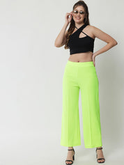 Kotty Women Fluorescent Green Solid Relaxed Straight Fit Parallel Trousers