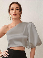 Kotty One Shoulder Puff Sleeve Satin Crop Top
