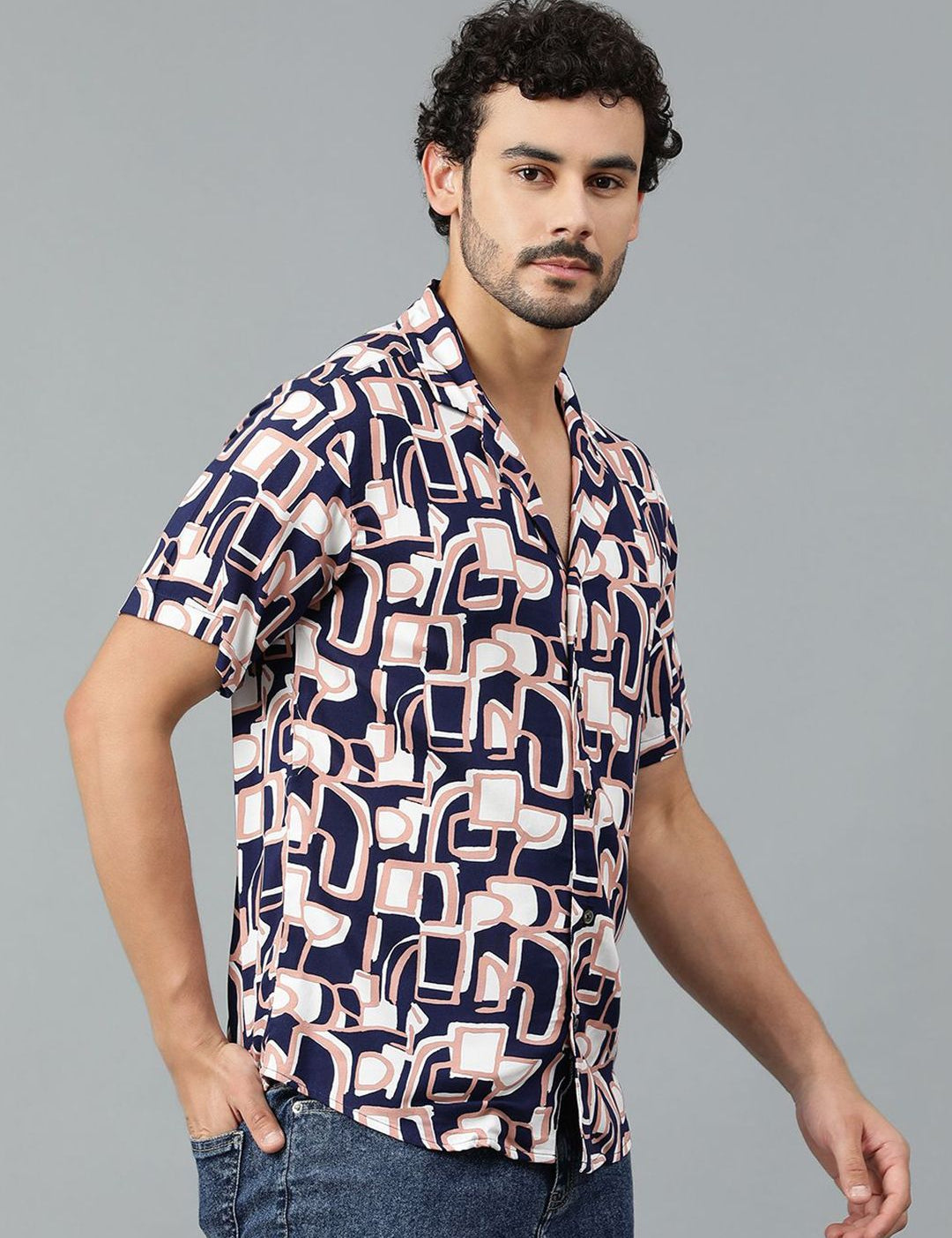 Kotty Men Cuban Collar Abstract Printed Casual Shirt