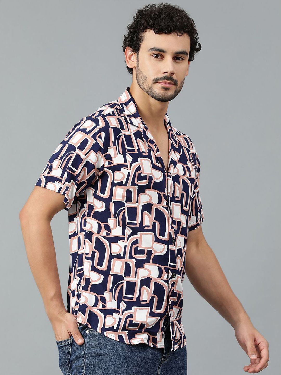 Kotty Men Cuban Collar Abstract Printed Casual Shirt