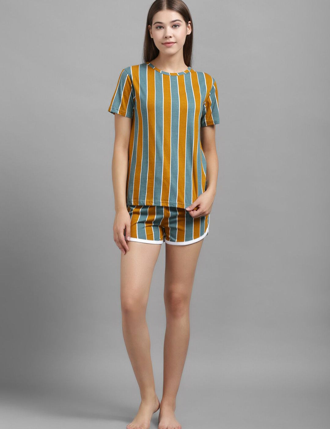 Kotty Women Mustard Yellow & Green Striped Night suit