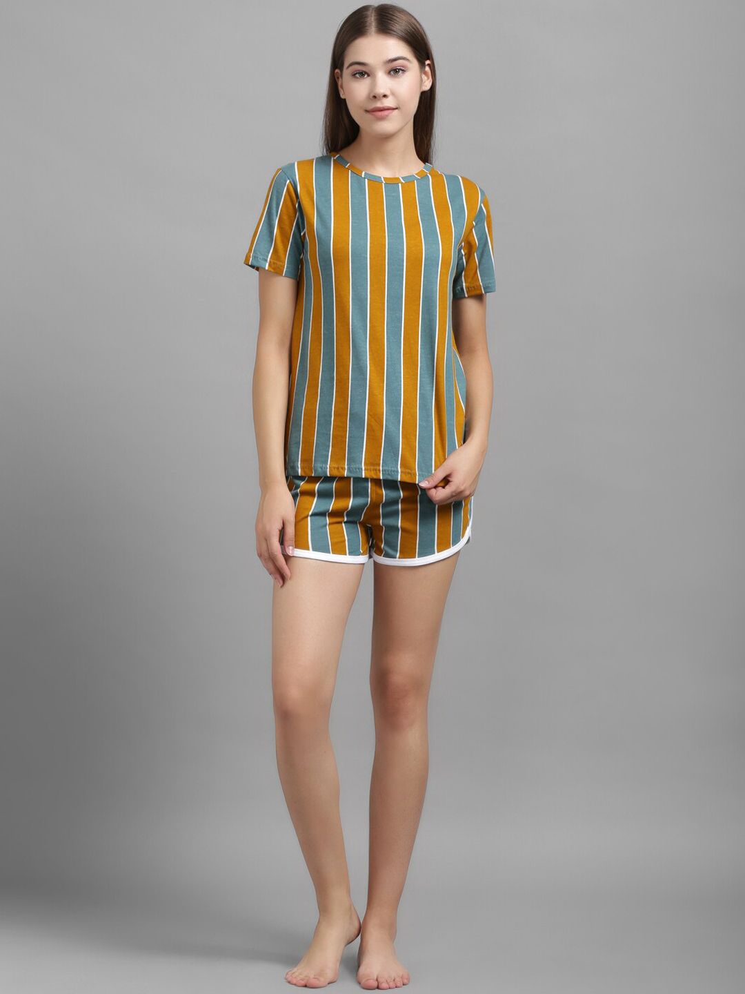 Kotty Women Mustard Yellow & Green Striped Night suit