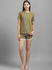 Kotty Women Mustard Yellow & Green Striped Night suit