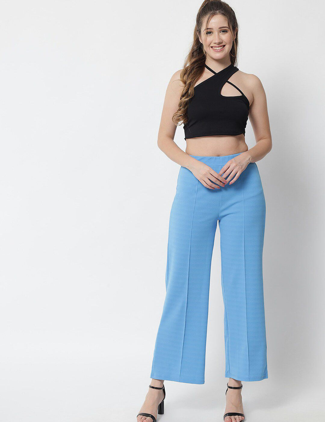 Kotty Women Blue Solid Relaxed Straight Fit Parallel Trousers