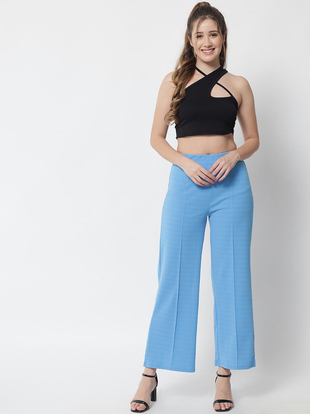 Kotty Women Blue Solid Relaxed Straight Fit Parallel Trousers