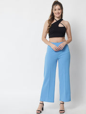 Kotty Women Blue Solid Relaxed Straight Fit Parallel Trousers