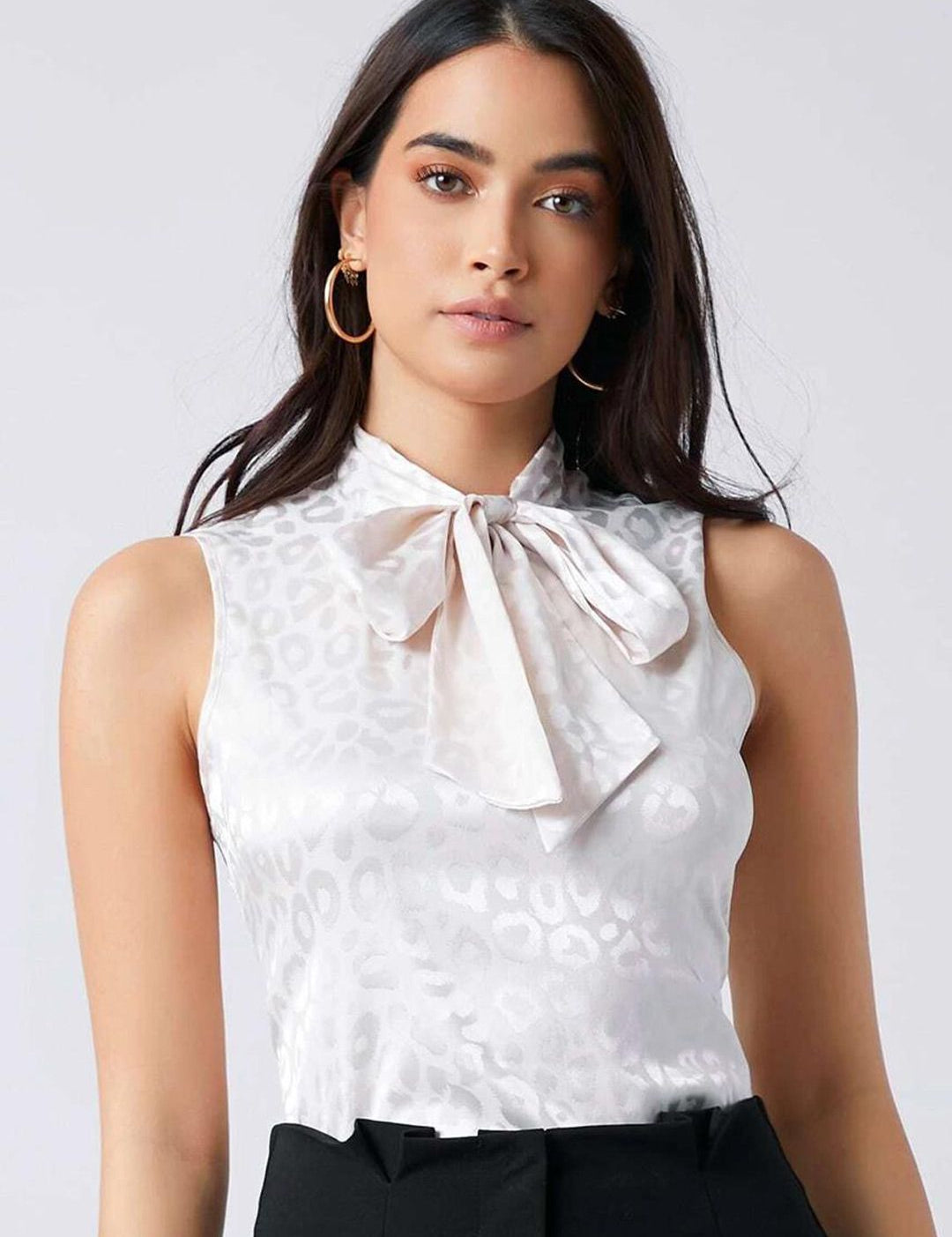 KOTTY BIZwear Animal Printed Tie-Up Neck Satin Top