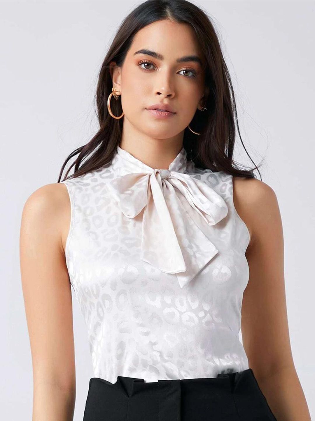 KOTTY BIZwear Animal Printed Tie-Up Neck Satin Top