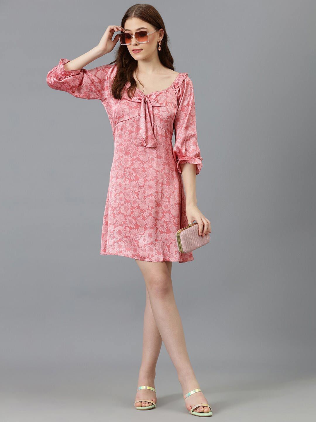 Kotty Pink Floral Printed Sweetheart Neck Bell Sleeves Tie-Ups Satin A-Line Dress