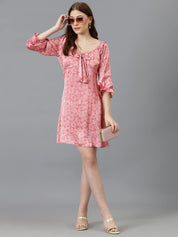 Kotty Pink Floral Printed Sweetheart Neck Bell Sleeves Tie-Ups Satin A-Line Dress