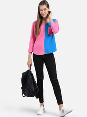 Kotty Women Pink & Blue Colourblocked Round Neck T-shirt