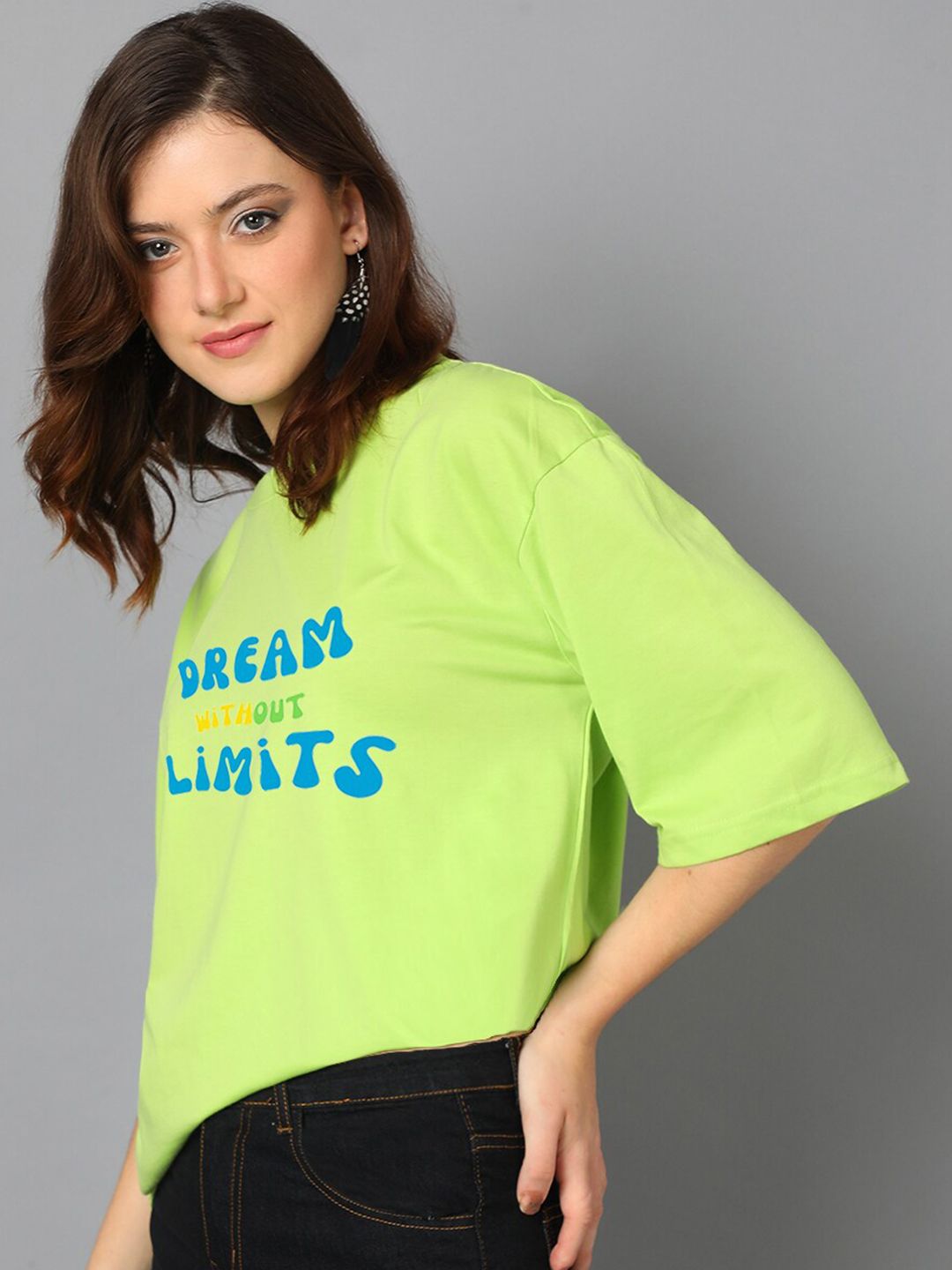 Kotty Green Typography Printed Drop-Shoulder Sleeves Oversized T-shirt