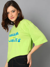 Kotty Green Typography Printed Drop-Shoulder Sleeves Oversized T-shirt