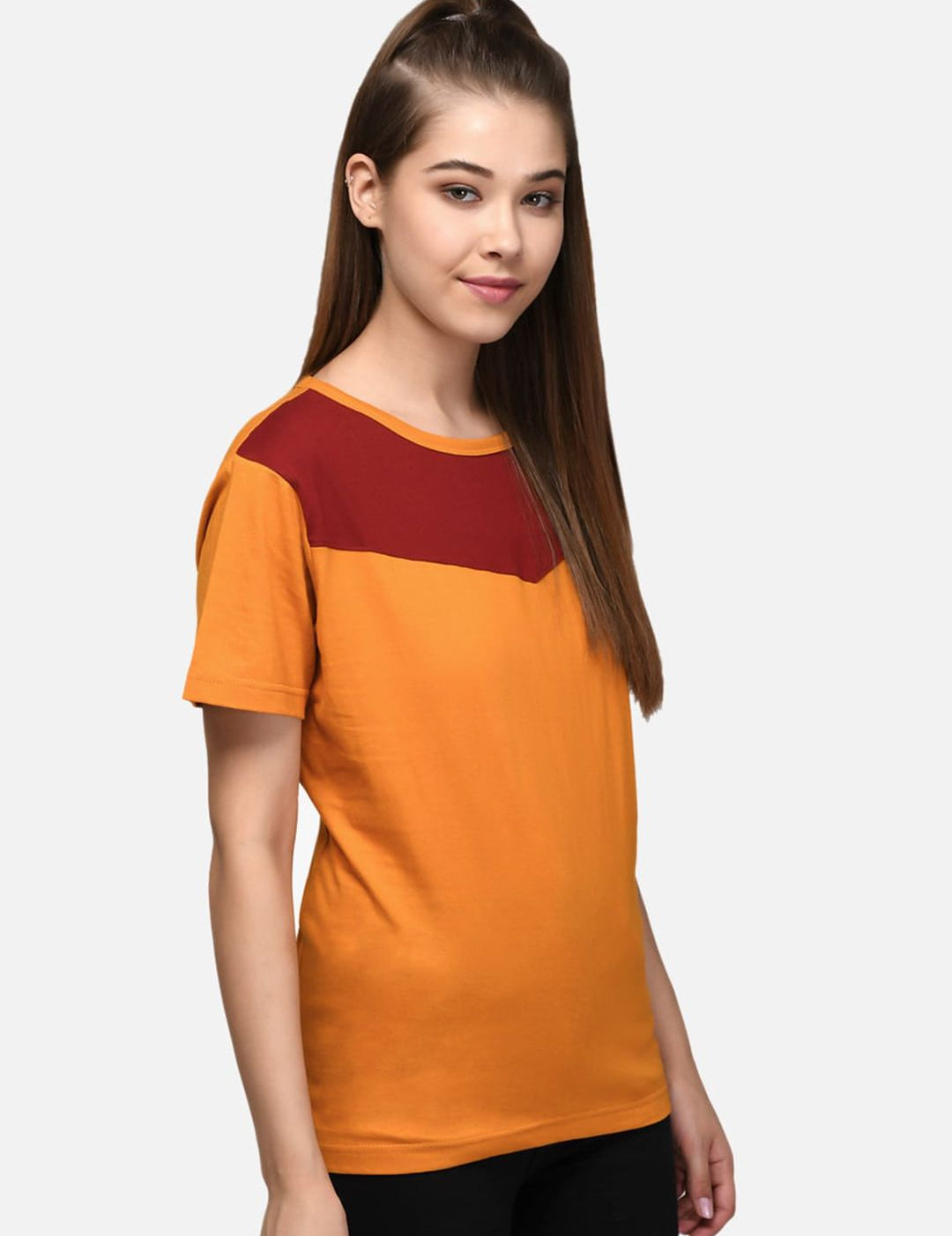 Kotty Women Maroon & Orange Colourblocked Boat Neck T-shirt