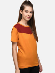 Kotty Women Maroon & Orange Colourblocked Boat Neck T-shirt