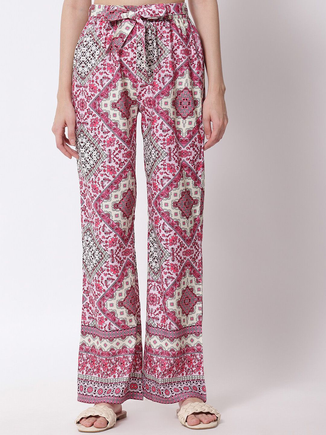 Kotty Women Purple Floral Printed Relaxed High-Rise Easy Wash Trousers