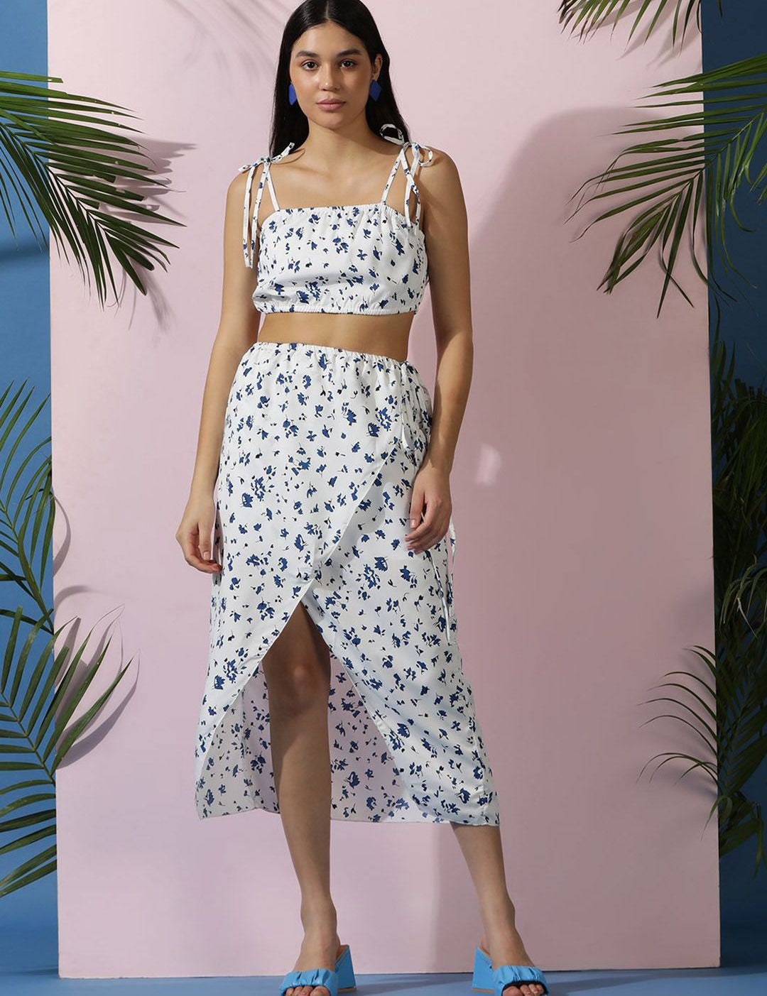 Kotty White Floral Printed Crop Top & Skirt