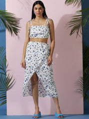 Kotty White Floral Printed Crop Top & Skirt