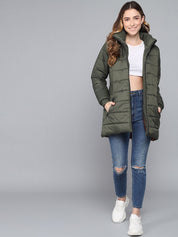 Kotty Women Olive Green Longline Outdoor Padded Jacket with Patchwork