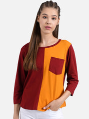 Kotty Women Maroon & Orange Colourblocked Round Neck T-shirt