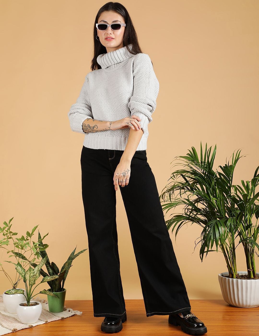 Kotty Women Cotton Turtle Neck Long Sleeves Casual Pullover