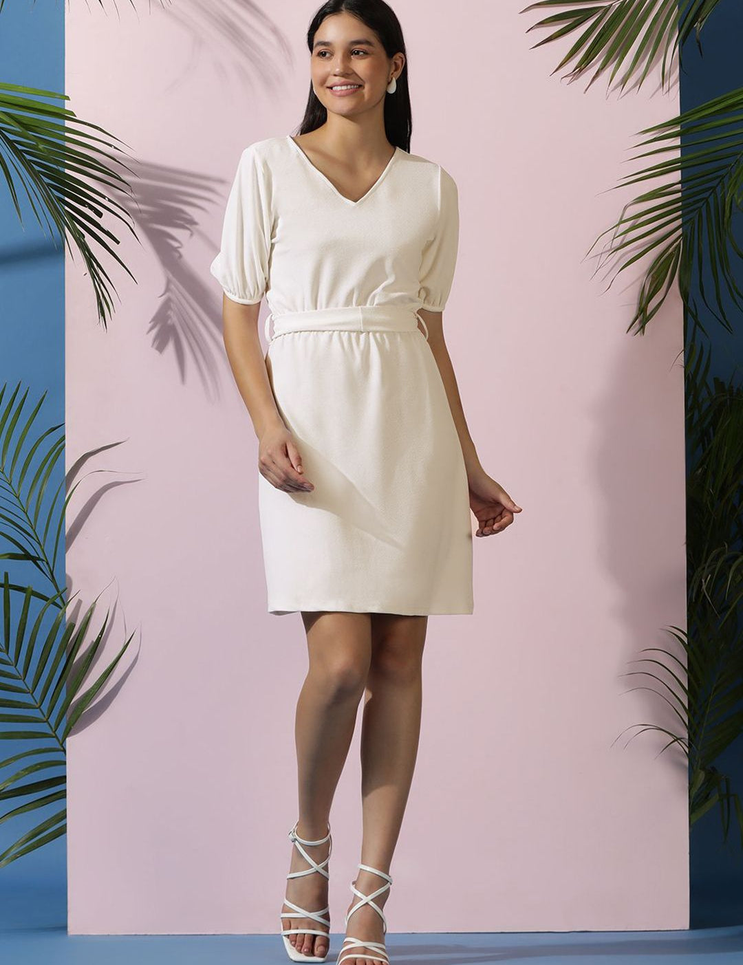 Kotty Women Solid Puff Sleeves A-Line Dress