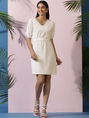 Kotty Women Solid Puff Sleeves A-Line Dress