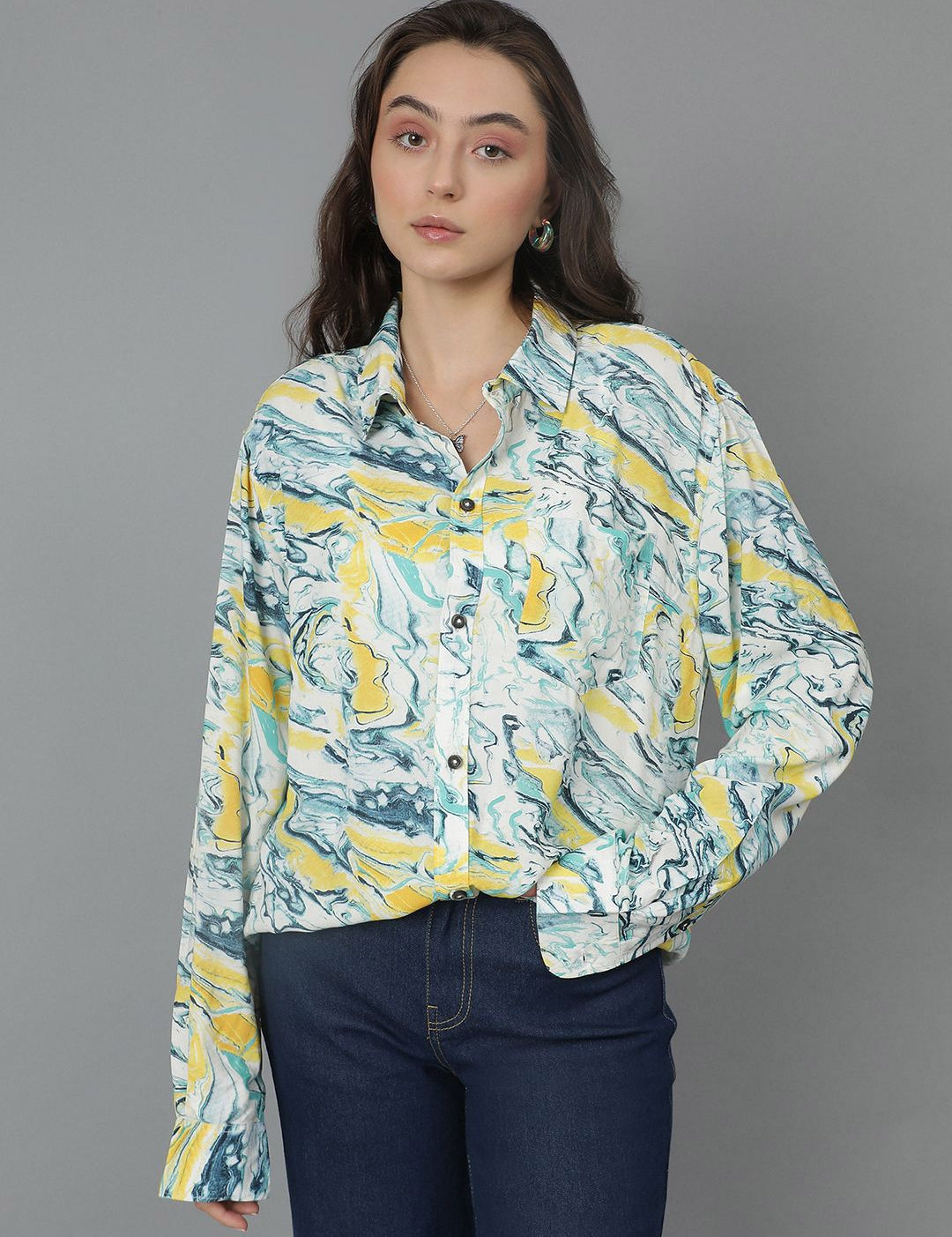 Kotty Women Spread Collar Floral Printed Cotton Oversized Casual Shirt
