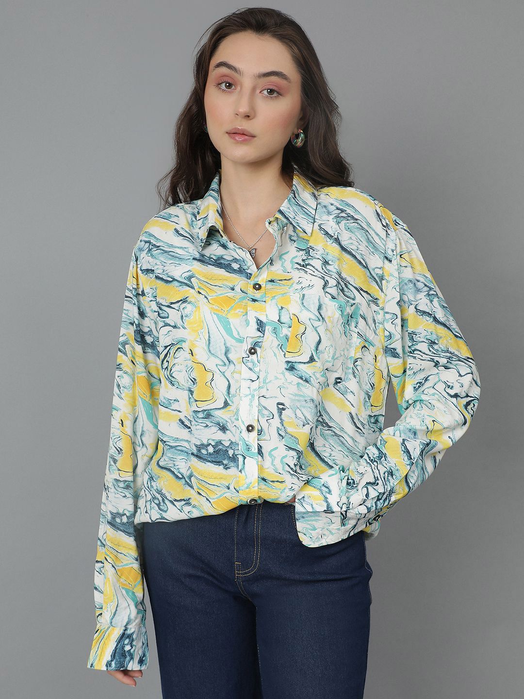 Kotty Women Spread Collar Floral Printed Cotton Oversized Casual Shirt