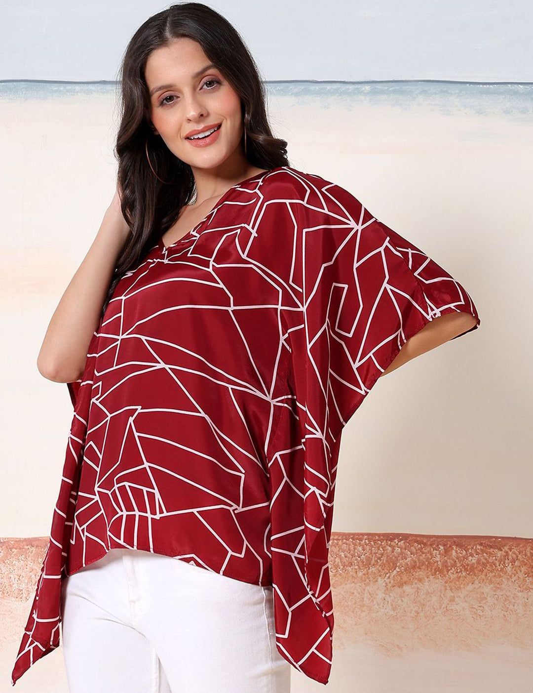 Kotty Women Abstract Print Kimono Sleeve Satin Kaftan Top