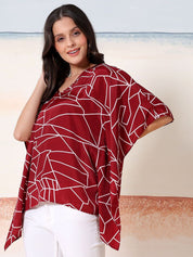 Kotty Women Abstract Print Kimono Sleeve Satin Kaftan Top