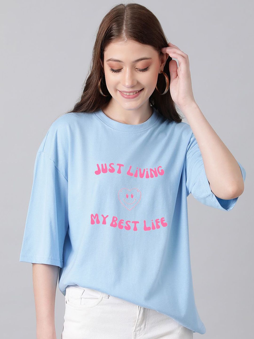 Kotty Cotton Typography Printed Drop-Shoulder Sleeves Oversized T-shirt