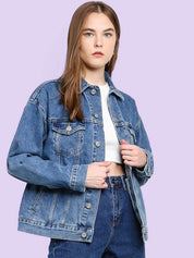 Kotty Women Spread Collar Solid Casual Denim Jacket