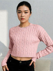 Kotty Women Cable Knit Round Neck Long Sleeves Crop Pullover Sweaters