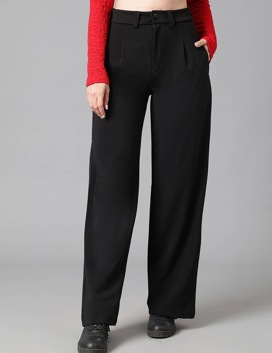 KOTTY Basics Women Relaxed Straight Leg Relaxed Fit High-Rise Easy Wash Trousers