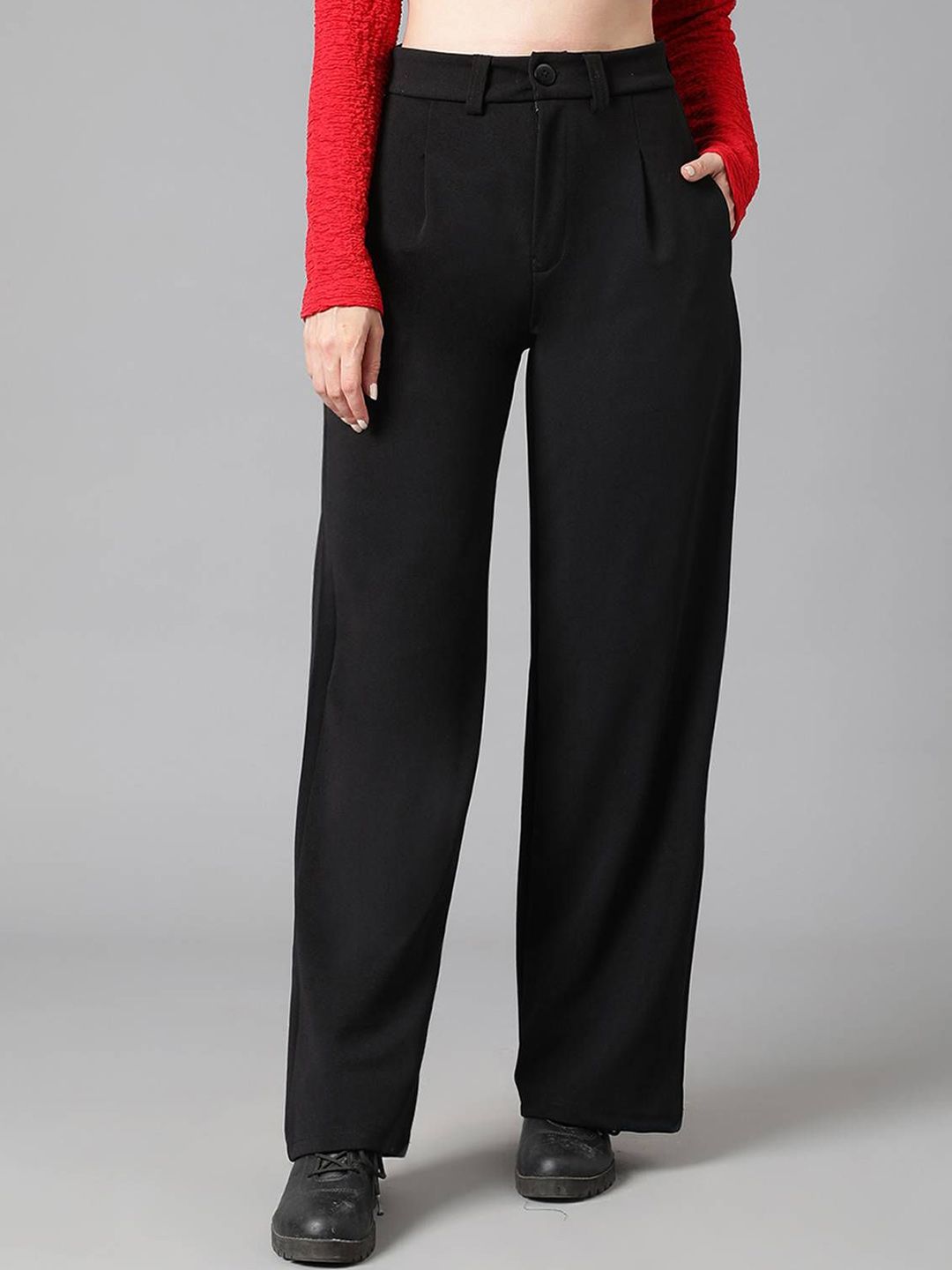 KOTTY Basics Women Relaxed Straight Leg Relaxed Fit High-Rise Easy Wash Trousers