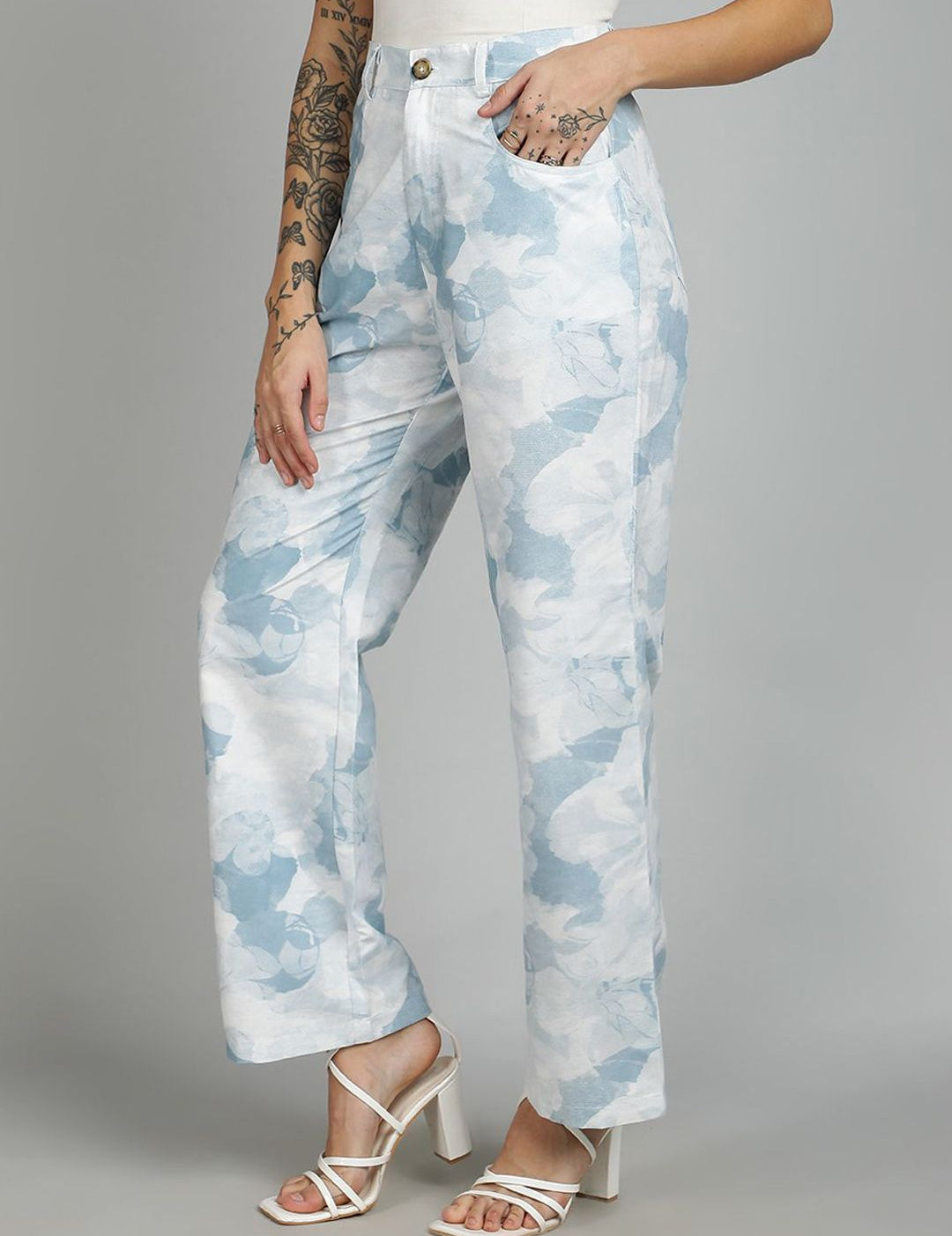 Kotty Women Cotton Printed Straight Fit High-Rise Easy Wash Trousers