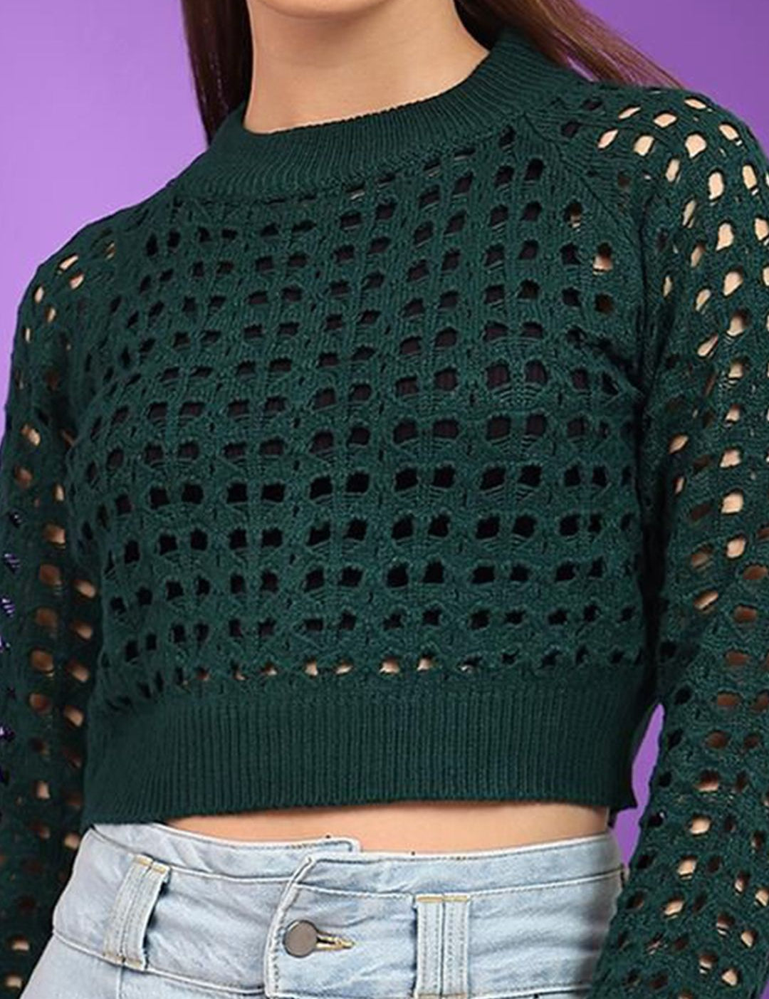 Kotty Women Cotton Self Design Open Knit Crop Pullover Sweaters