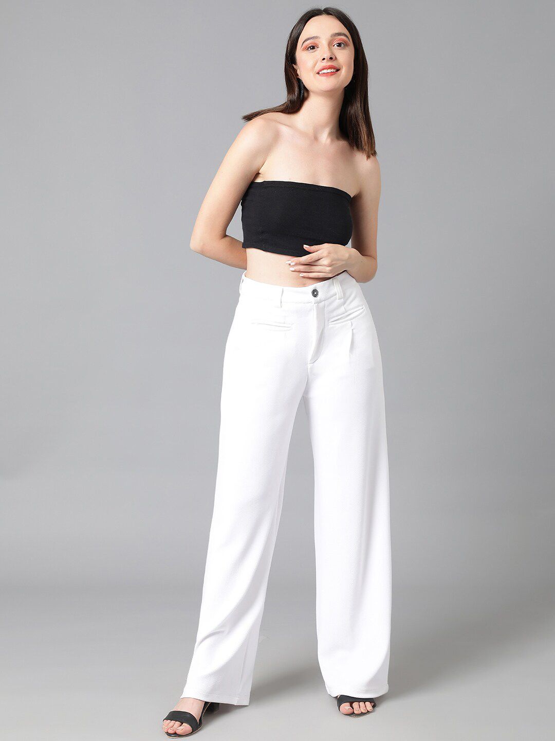 Kotty Women White Relaxed Straight Leg Straight Fit High-Rise Easy Wash Parallel Trousers