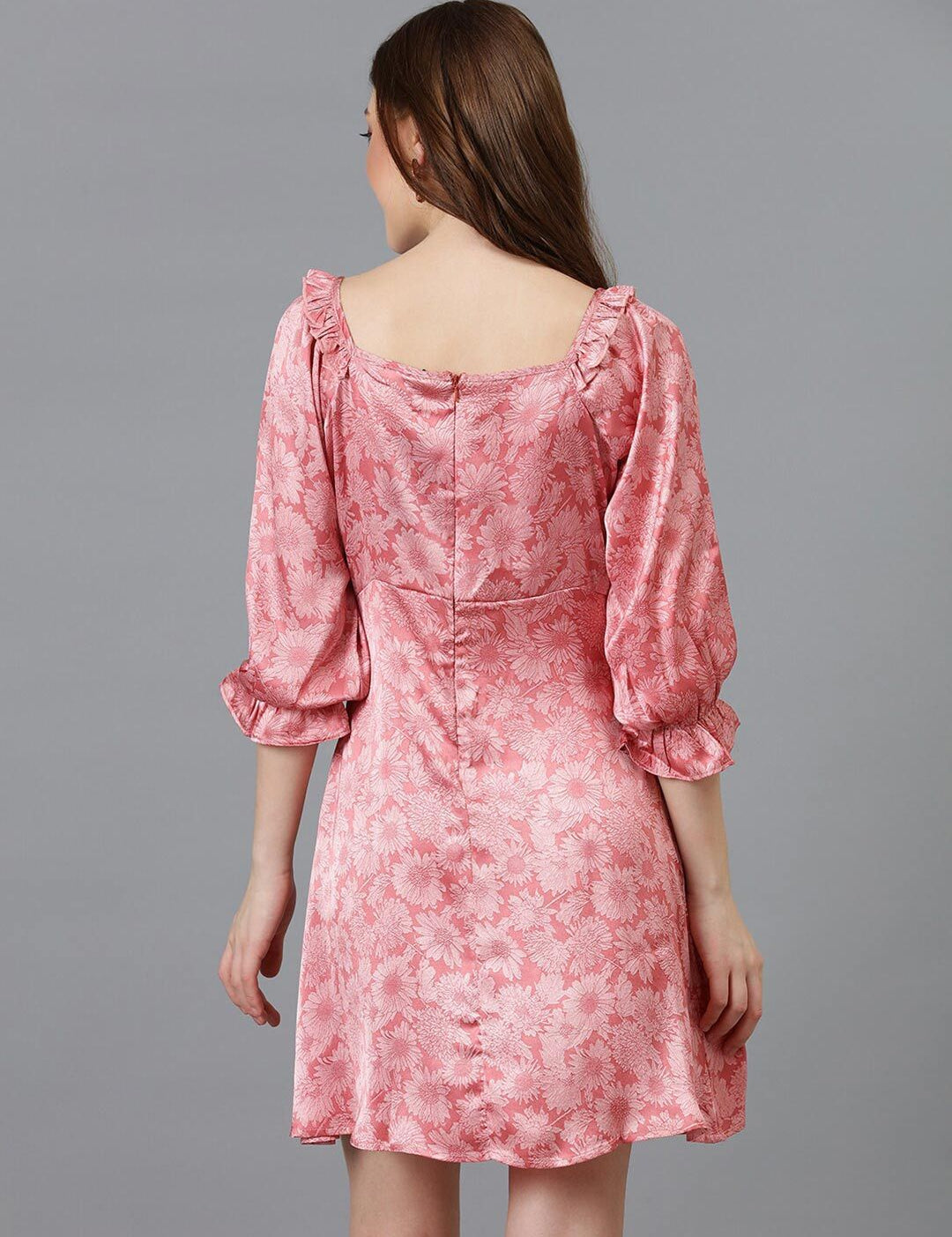 Kotty Pink Floral Printed Sweetheart Neck Bell Sleeves Tie-Ups Satin A-Line Dress