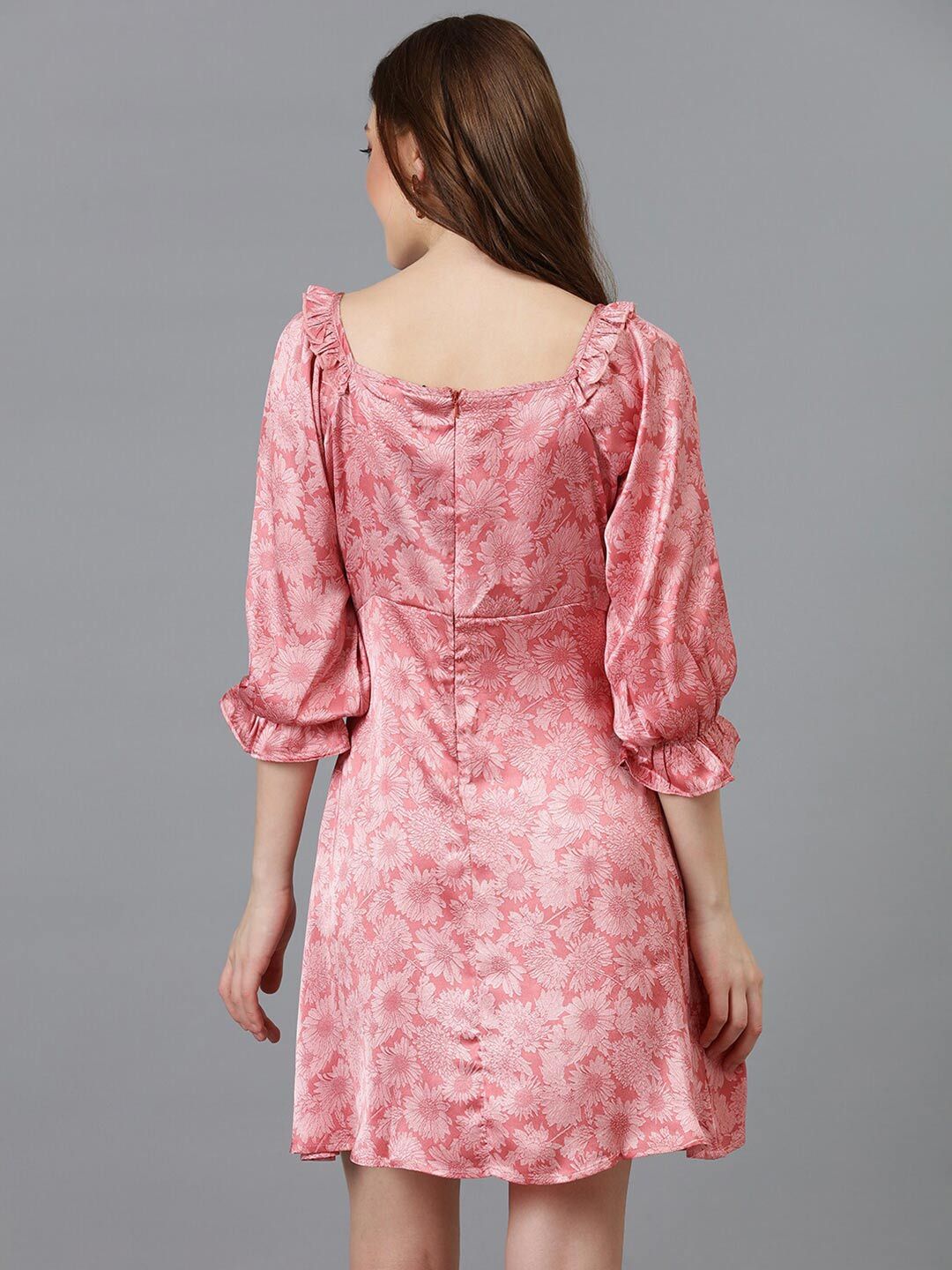 Kotty Pink Floral Printed Sweetheart Neck Bell Sleeves Tie-Ups Satin A-Line Dress