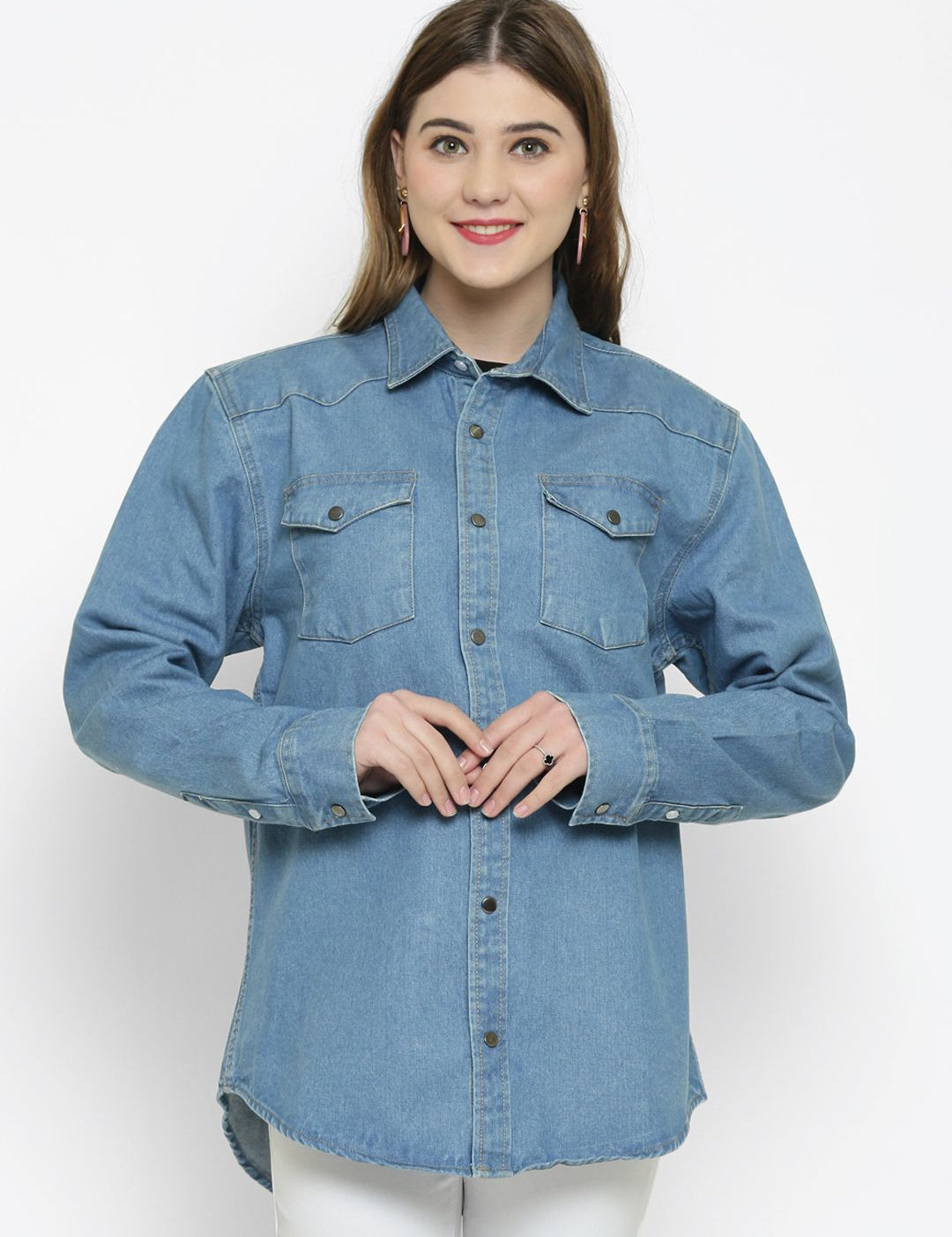 Kotty Women Blue Solid Oversized Longline Denim Jacket