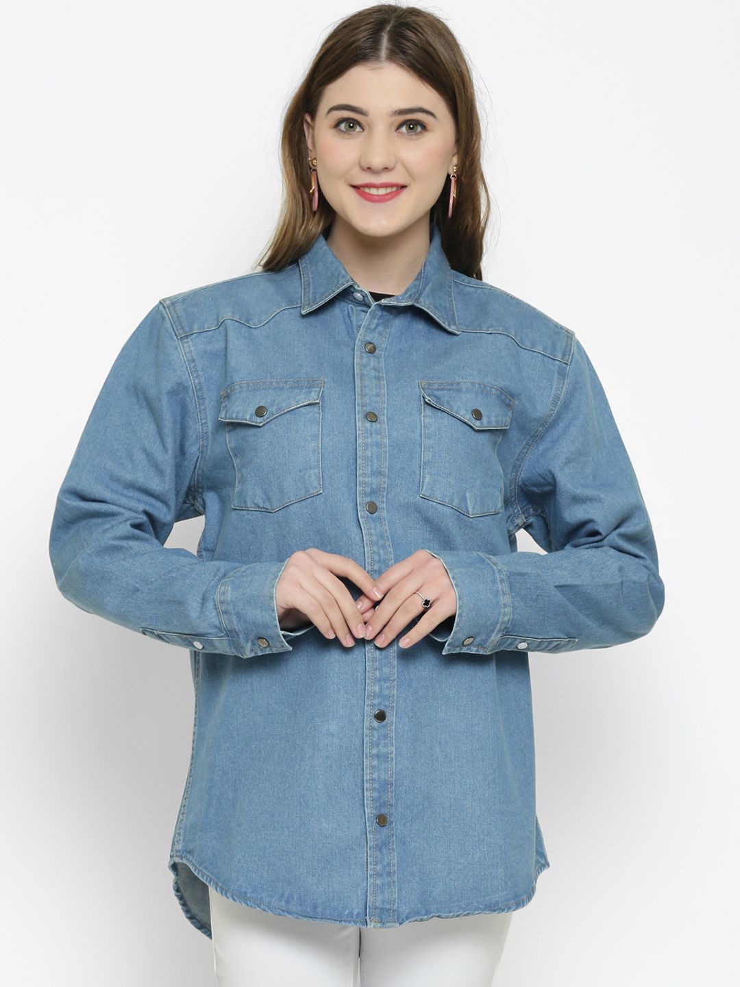 Kotty Women Blue Solid Oversized Longline Denim Jacket