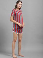 Kotty Women Grey & Red Striped Night Suit