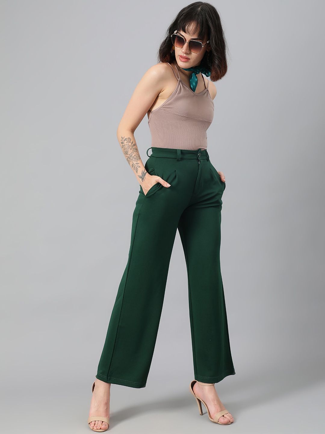KOTTY BIZwear Women Green Relaxed Straight Leg Fit High-Rise Easy Wash Parallel Trousers