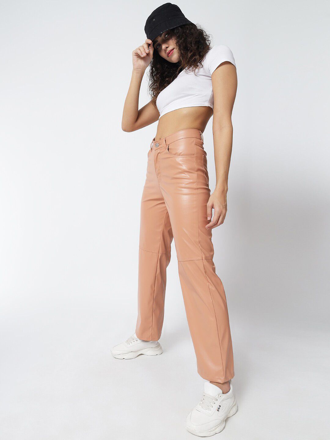 Kotty Women Beige Relaxed Straight Fit PU Leather Parallel Trousers